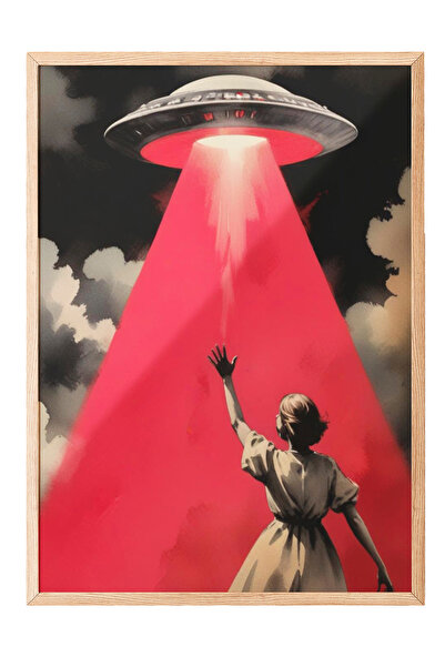 Zestia Tablou cu ramă din lemn, OZN și figură roz – Retro-Sci-fi, Poster deco...