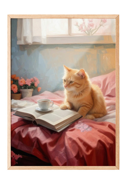 Zestia Tablou cu ramă din lemn, pisică privind prin fereastră – Scenă caldă d...