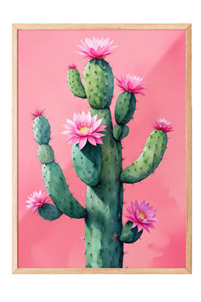 Zestia Tablou cu ramă din lemn, Ilustrație minimalistă cu cactus roz, Poster ...