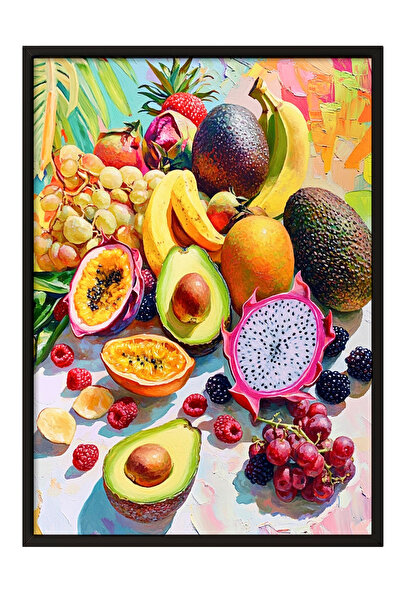 Zestia Tablou înrămat negru, felii de fructe tropicale vedere de sus, poster ...