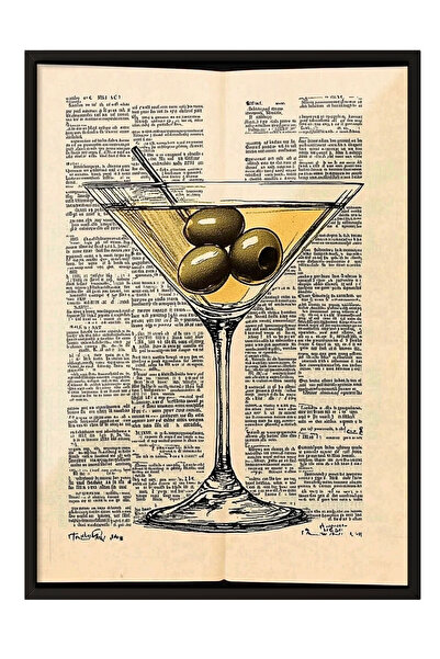 Zestia Tablou înrămat negru, cu pahar de Martini și măsline – Ilustrație retr...