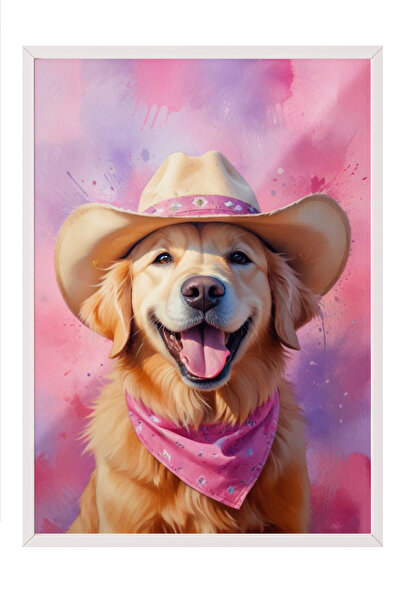 Zestia Tablou înrămat alb, câine cu pălărie de cowboy – Portret amuzant, deco...