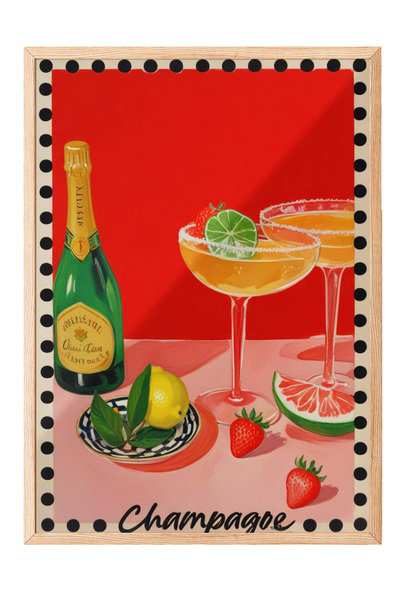 Zestia Εικονογράφηση με ξύλινο πλαίσιο, Ποτήρι σαμπάνιας – Ρετρό Εικονογράφησ...