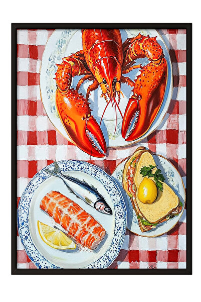Zestia Tablou cu ramă neagră, tablou cu homari roșii și fructe de mare, poste...