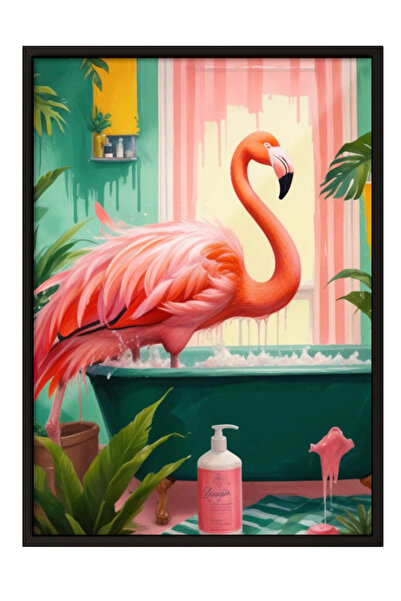 Zestia Tablou cu ramă neagră, Flamingo și piscină – Ilustrație tropicală, Pos...