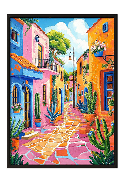 Zestia Πίνακας με μαύρο πλαίσιο, Πολύχρωμοι Μεσογειακοί Δρόμοι, Διακόσμηση Σα...