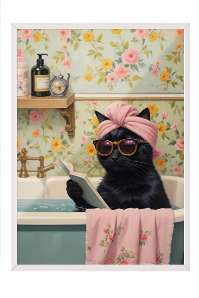 Zestia Tablou cu ramă albă, Glumă de baie: Pisică cu ochelari, Poster decorat...