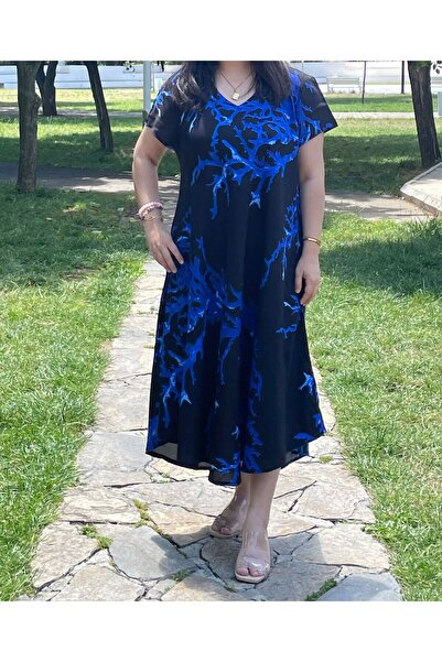 Sobe Hediyelik Black Blue Coral Patterned V-Neck Casual Summer Dress – Asymmetrical Cut 38-50 Size Compatible