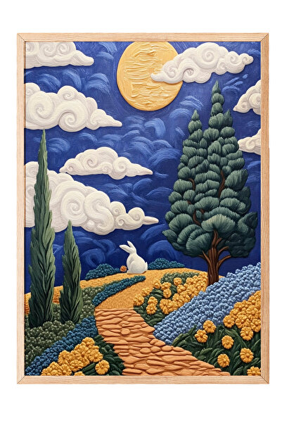 Zestia Tablou cu ramă din lemn, case de la camp și câmpuri la apusul soarelui...