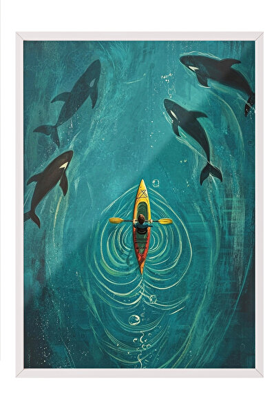 Zestia Картина с бяла рамка, кану и делфини сред вълните, постер за декорация...