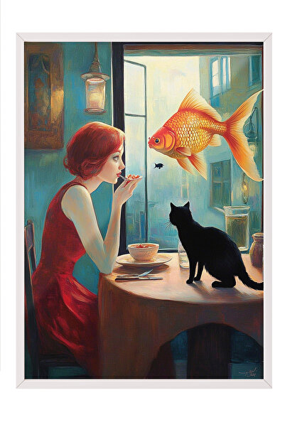 Zestia Πίνακας με λευκό πλαίσιο, Γάτα και ποτήρι κρασιού στο σκοτάδι, Διακοσμ...