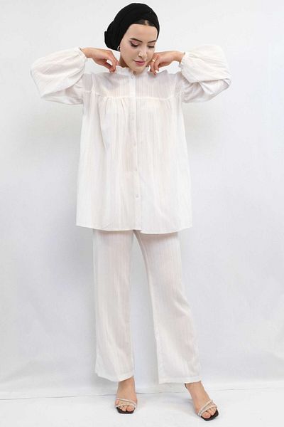 Skygo Fashion Striped Robe Double Suit Ecru