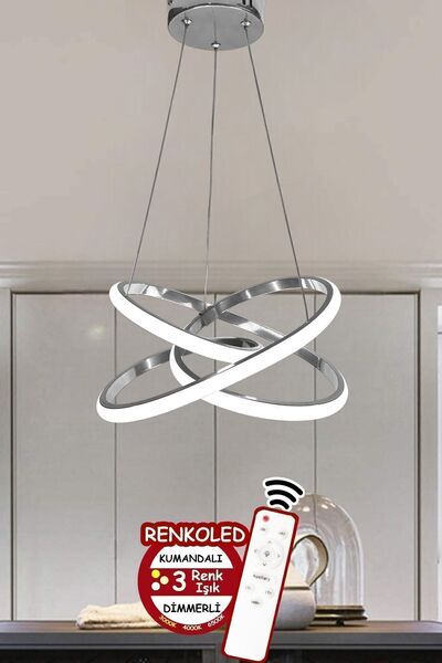 DEKORANLA 3 Renk Işıklı Modern Sarkıt LED Avize, Krom Kasa, Salon, Oda, Mutfa...
