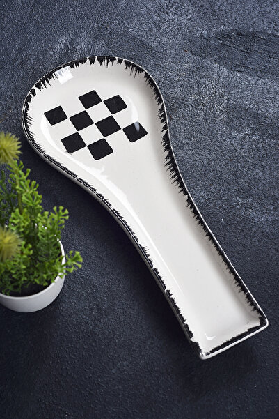 Saatistan Seramik Dama Desenli Siyah Kaşıklık ve Kepçe Altlığı, Şık ve Kullanışlı Tasarım