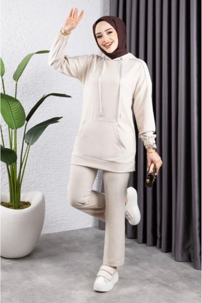 Skygo Piping Hooded Sportswear Suit Stone
