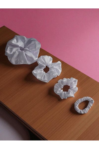 BeyzHal Women's White 4-Piece Satin Scrunchie Hair Rubber Set - Bagel Buckle (Oversize, Large, Medium, Mini Size)