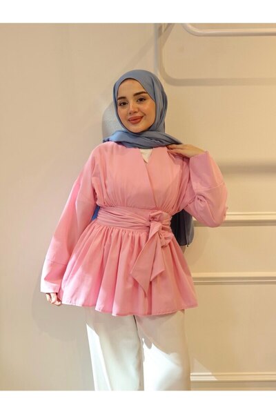 HOT HOT KRUVAZE YAKA KUŞAKLI DETAYLI KİMONO GÖMLEK