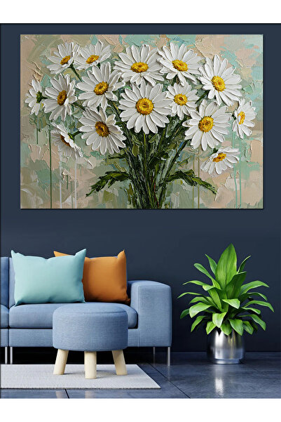 KanvasSepeti Flori de margarete albe Pictură în ulei Texturată Pânză de înalt...