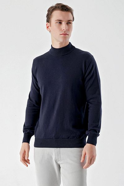 Morven Men's Navy Blue Basic Half Turtleneck Dynamic Fit Comfortable Cut Knitwear