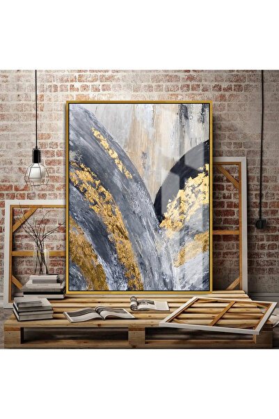 DEKORANLA Grili-gold yağlı boya soyut tablo, çerçeveli, temperli cam, dikey, ...