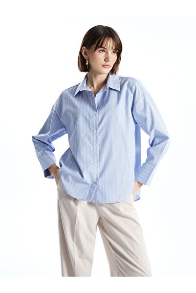 LC Waikiki Lcw vision blue striped Oversized poplin women's shirt