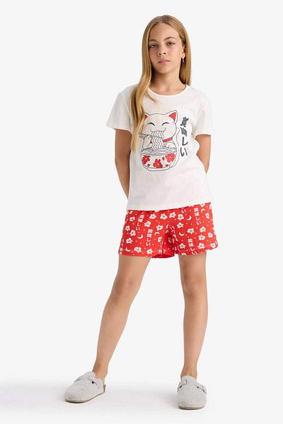 DeFacto Girls Pajamas Set Printed Short Sleeve T-Shirt Patterned Shorts G0922A825Hs