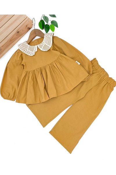 voyyo kids baby Girl's Seasonal Linen Suit, Wide Legs, Watermelon Sleeves, Baby Collar, 100% Organic Cotton
