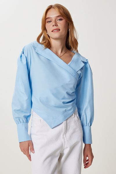 Lovelyİstanbul Wrap Collar Asymmetrical Woven Blouse Lyy0105 Sky Blue