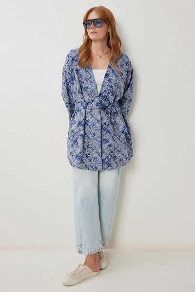 Lovelyİstanbul Patterned Belted Woven Jacket Lfg0133 Dark Blue Gray