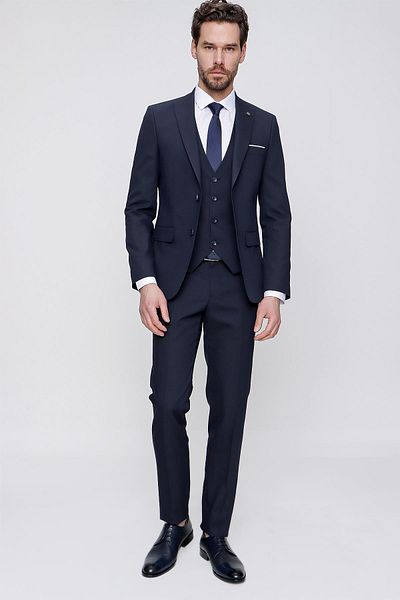 Morven Navy Blue Vest Jacquard Slim Fit Slim Fit 6 Drop Men's Suit