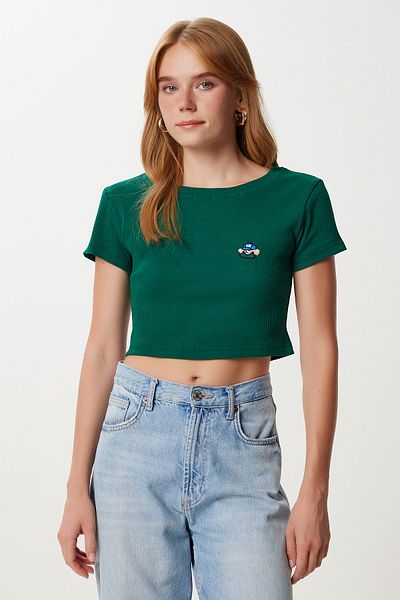 Lovelyİstanbul Teddy Bear Embroidered Ribbed Knitted Crop T-Shirt Lzh0015 Emerald Green