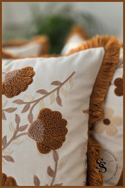 SasoHome Beauty Flowers Punch Embroidery Patterned Linen Throw Pillow Cover