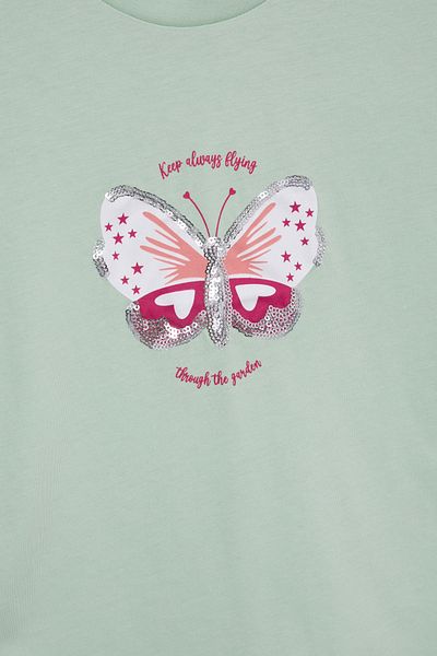 Cansın Mini Green Butterfly Printed Sequined Girl's T-Shirt 20999