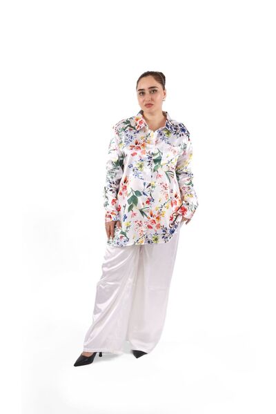 LINELLE White Floral Satin Co-Ord Set – Printed Shirt & Wide-Leg Pant.