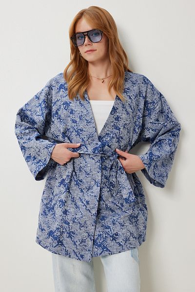 Lovelyİstanbul Patterned Belted Woven Jacket Lfg0133 Dark Blue Gray