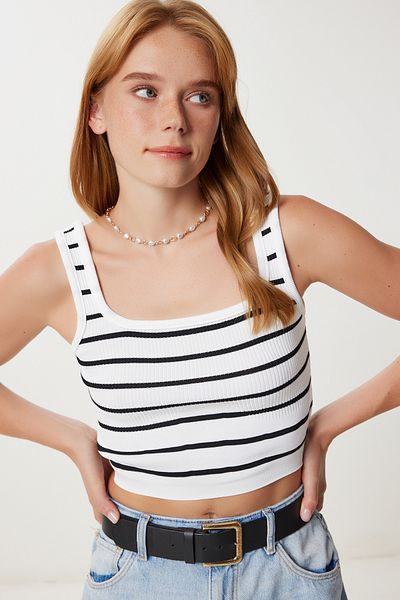 Lovelyİstanbul Striped Crop Knitwear Blouse Lyy0009 White