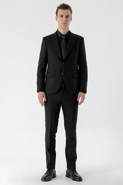 Morven Men's Black Basic Plain Slim Fit Suit (SHIRT, TIE GIFT)