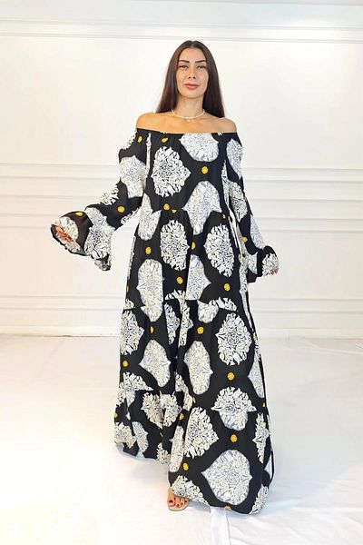 Hazinedan Women's Ethnic Shawl Patterned Madonna Collar Loose Long Flare Sleeve Authentic Black Dress