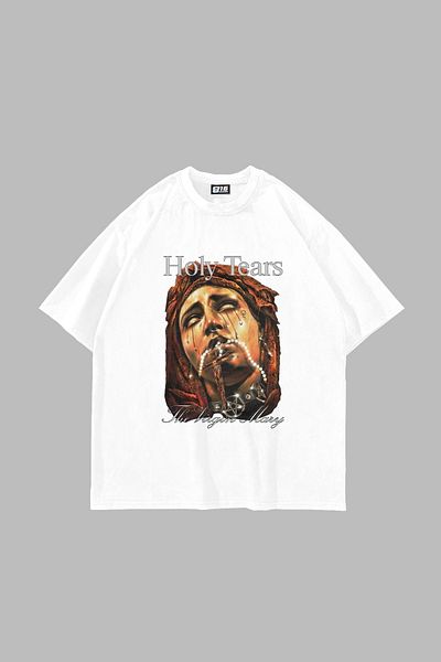 Sekizbiraltı Mary's Holy Tears Printed Oversize Unisex White Tshirt
