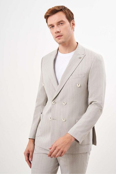 Morven Men's Beige Polyviscon Trend Double Breasted Slim Fit Pointed Collar Suit
