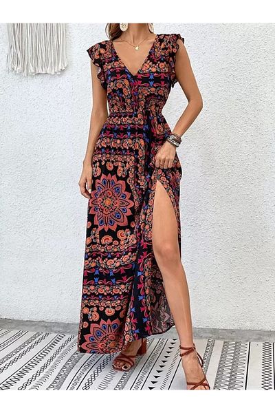 JANES Women's Short Sleeve V Neck Pattern Slit Single Jersey Summer Casual Dress
