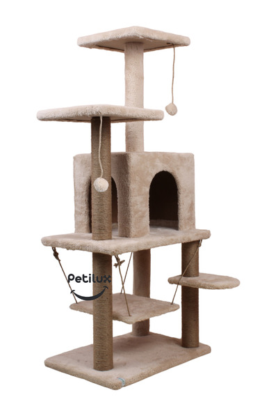 Petilux Jute Drawstring Welsoft Cat House and Play Platform with Swing Nest