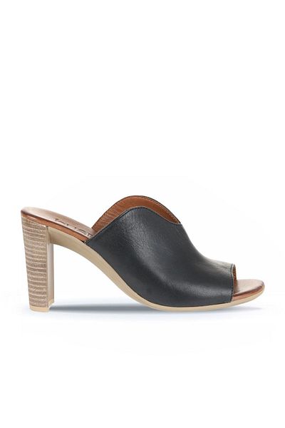Bueno Shoes Black Khv-Beige Leather Women's Heeled Slippers 01Wn4105