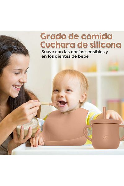 Orangu-gu baby tableware set, silicone/wood, brown, 5 pieces