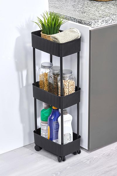Okyanus Home 3 Tier Rolling Bathroom-Kitchen Organizer Practical Shelf Black
