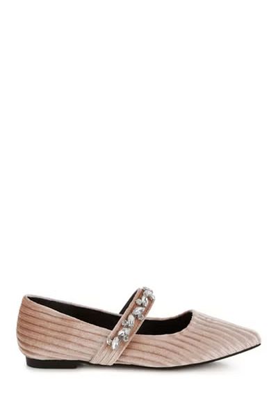 london Rag Women Diamante Brooch Velvet Ballerinas in Beige