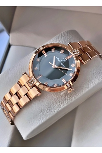 Daniel Klein Orijinal Kadın Kol Saati – Rose Gold, Siyah Taş Detaylı Kadran, Paslanmaz Çelik Kordon + Hediye