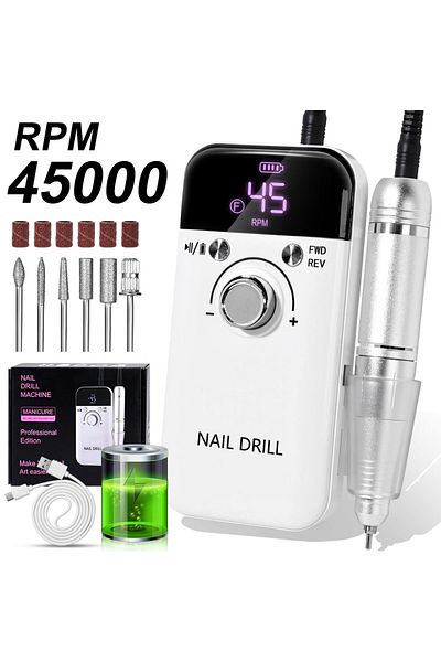 Choice1 USB WHITE 45000RPM Professional Electric Nail Drill Rechargeable Polisher with LCD Screen Suitable f