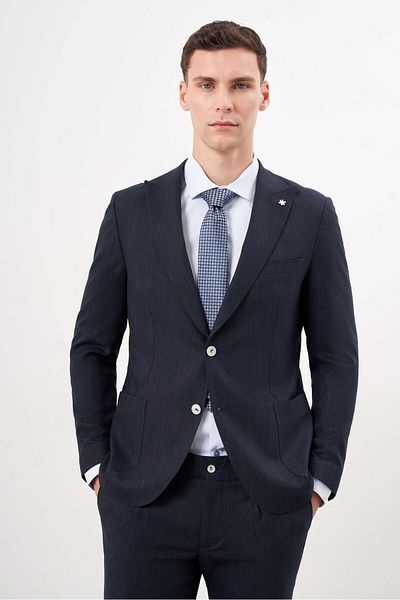Morven Men's Navy Blue Polyviscon Trend Patterned Slim Fit Mono Collar Suit
