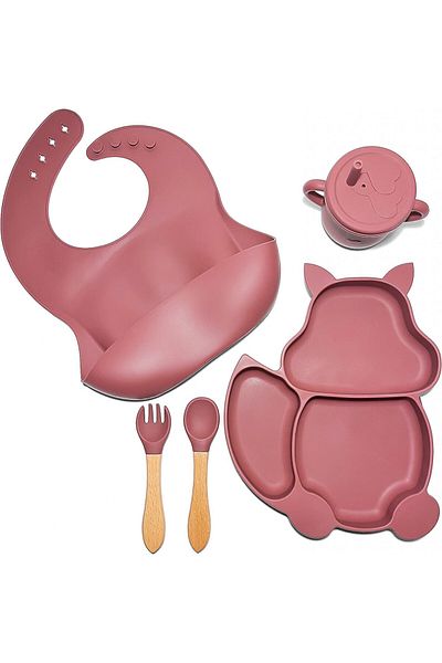 Orangu-gu 5-piece baby feeding set, silicone/wood, magenta